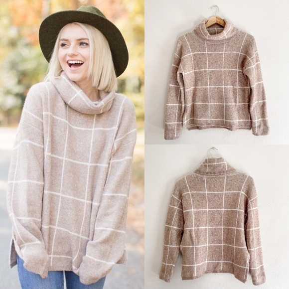 Madewell | Windowpane Wool Blend Neutral Turtleneck Sweater - Picture 1 of 14